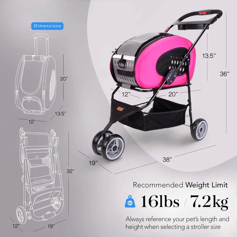 Five in One Convertible and Foldable Small - Multifunctional Combination - 16 Pound Pet - Pink, Cat and Dog Pet Car