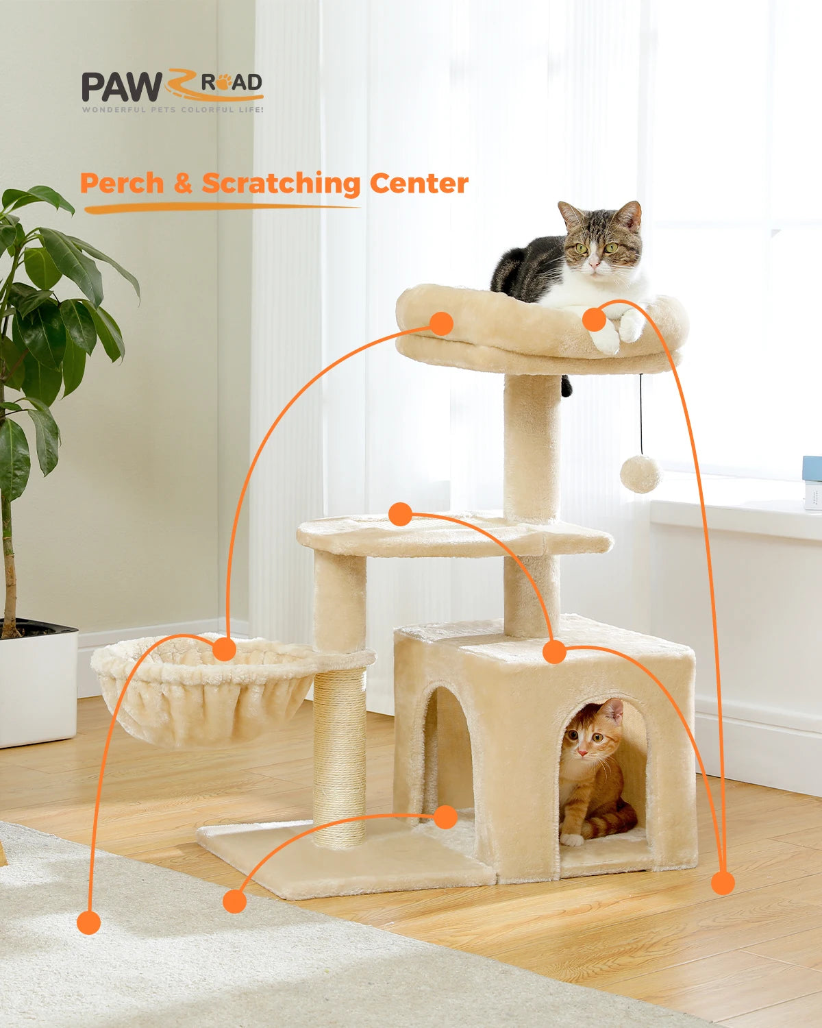 H228cm Cat Tree Toy Condo Cat Climbing Tower Multi-layer With Hammock