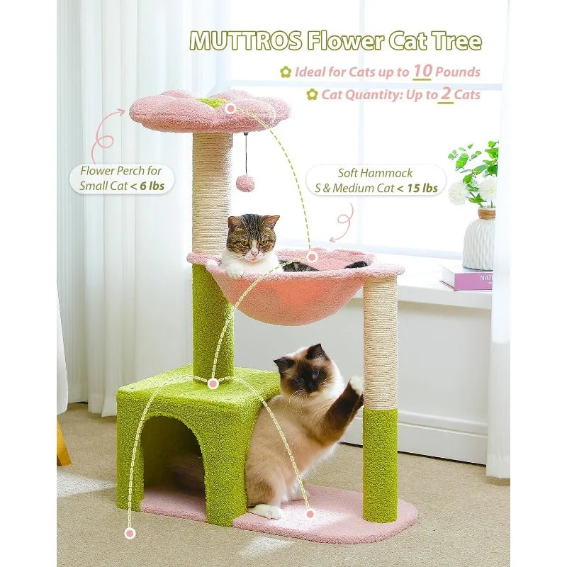 Hammock, 35" Cute Small Cat Tower with Sisal Scratching Posts, Pink Top Perch for Kittens