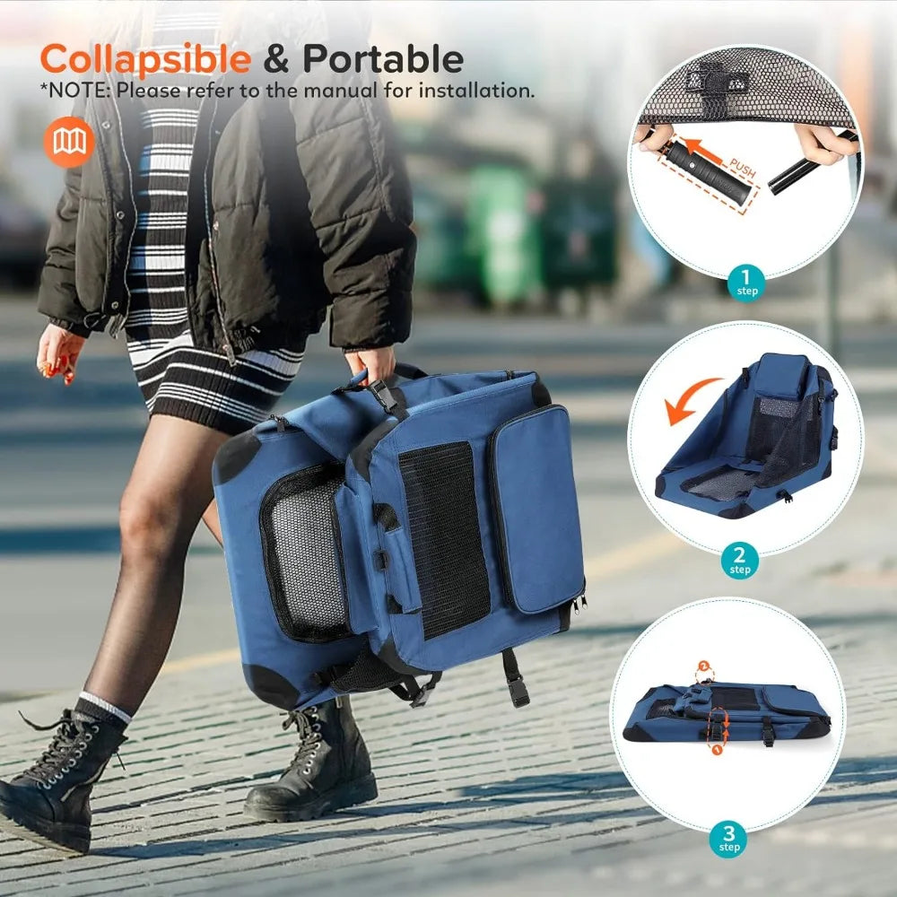 Soft Dog Crate with 2 Bowls, Collapsible Travel Pet Carrier Bag for Cats Dogs Puppies Kittens (Navy)