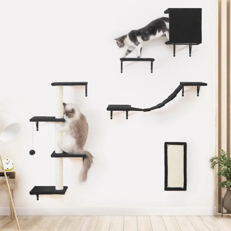 Modern Wall-Mounted Cat Furniture - 5pcs Cat Wall Shelves, Stable Wooden Cat Climber with House, Bridge, Tree, Steps