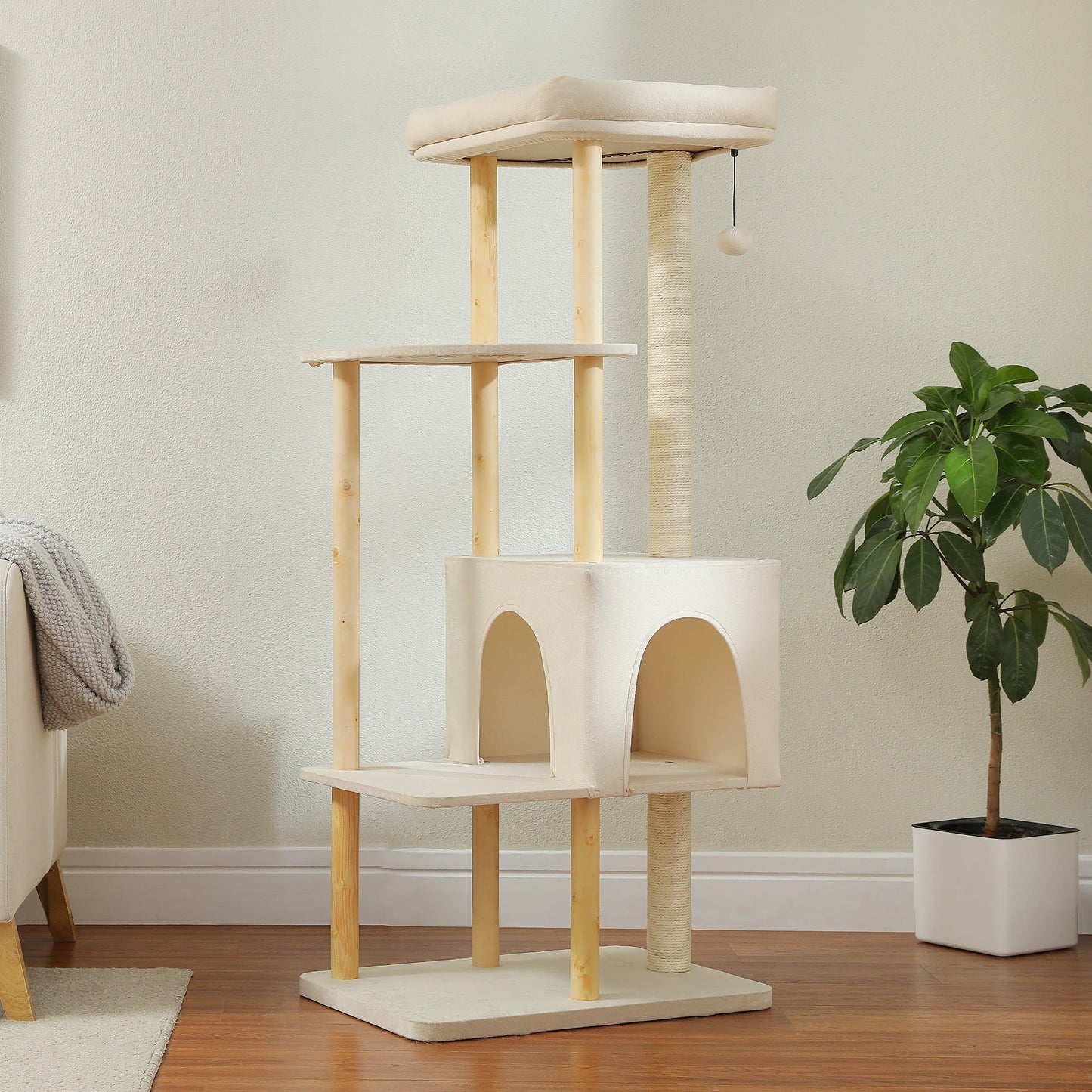 Large Cat Tree, 53 Inches Modern Wooden Cat Tower for Indoor Large Cats, Multi-Level Cat Condos with Long Scratching Posts