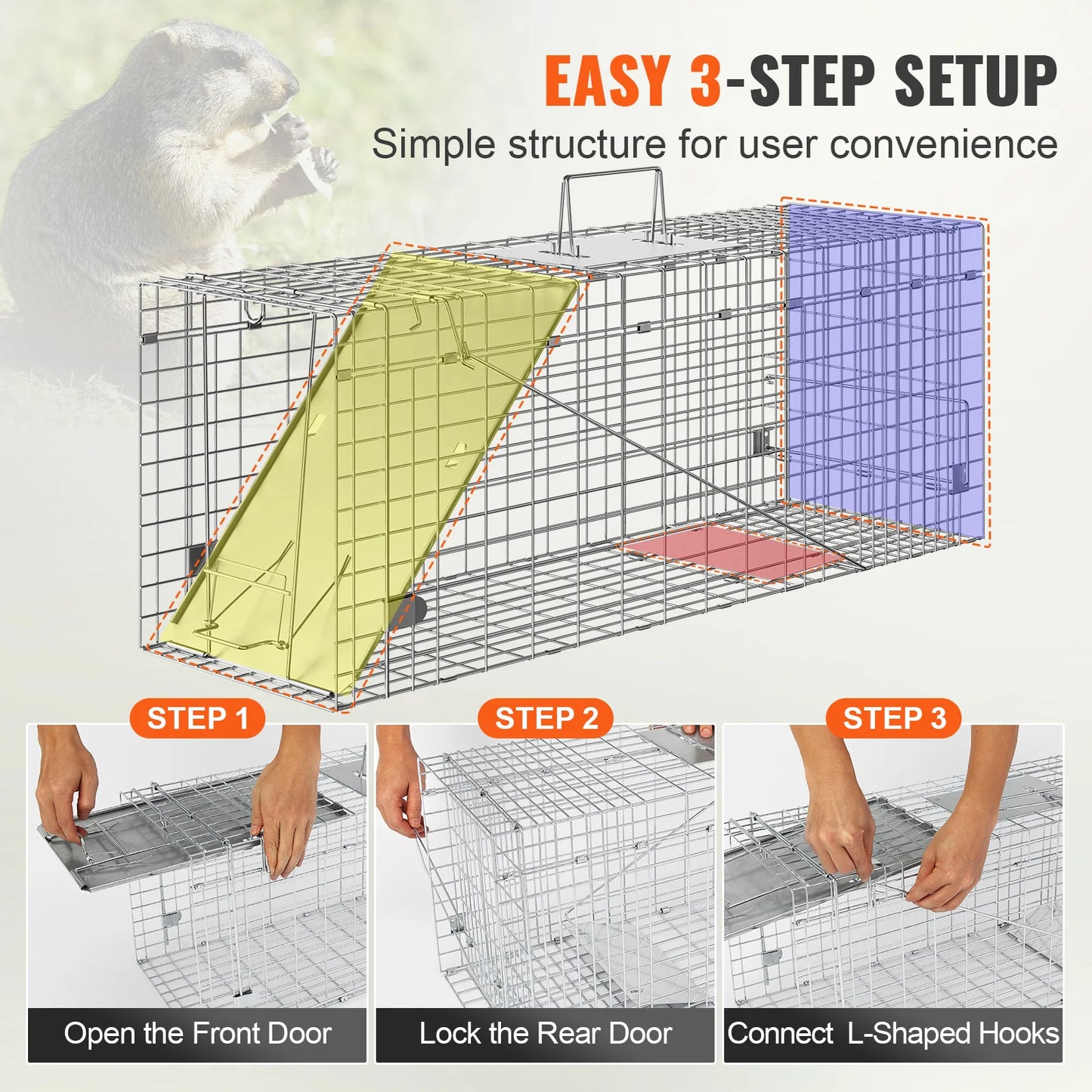 VEVOR 24/31/42/50in Live Animal Cage Trap Folding Humane Cat Trap Galvanized Iron with Handle for Rabbits Squirrels Groundhogs