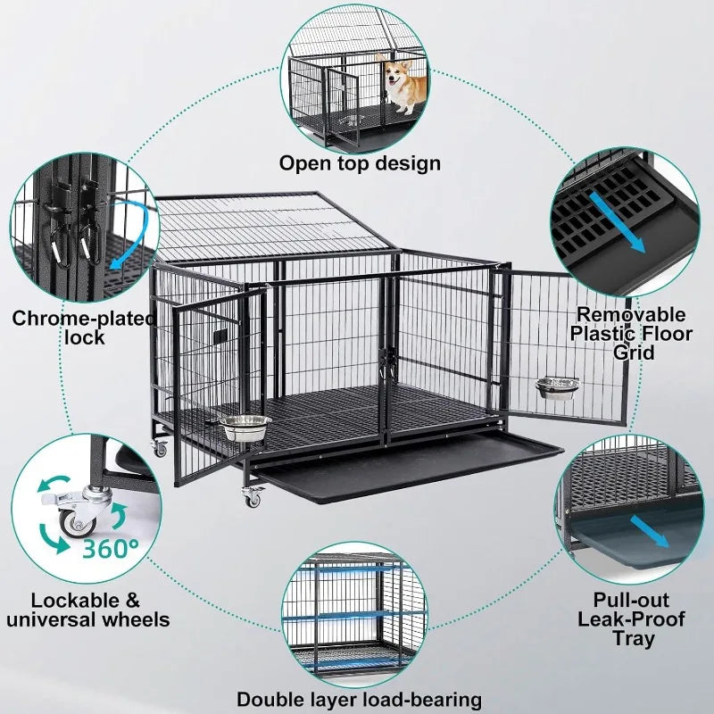 43 Open Top Stackable Heavy Duty Dog Cage w/Floor Grid Tray Divider Feeding Bowl ONE CAGE INCLUDED ONLY