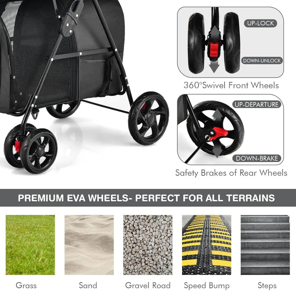 Dual Pet Cart, Equipped with 2 Detachable Tote Bags and Seat Belts, 4 Lockable Wheel Storage Spaces, Cat and Dog Cart (Black)