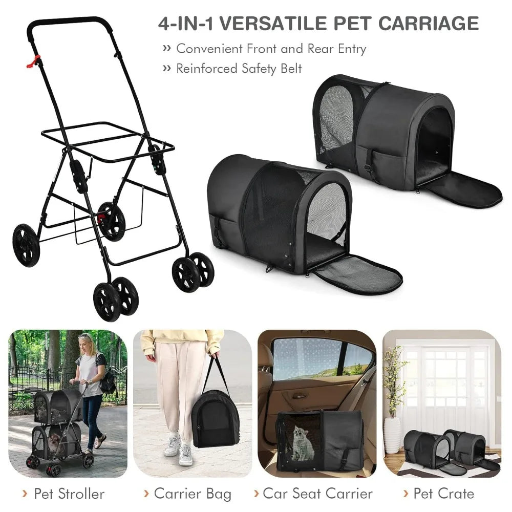 Dual Pet Cart, Equipped with 2 Detachable Tote Bags and Seat Belts, 4 Lockable Wheel Storage Spaces, Cat and Dog Cart (Black)