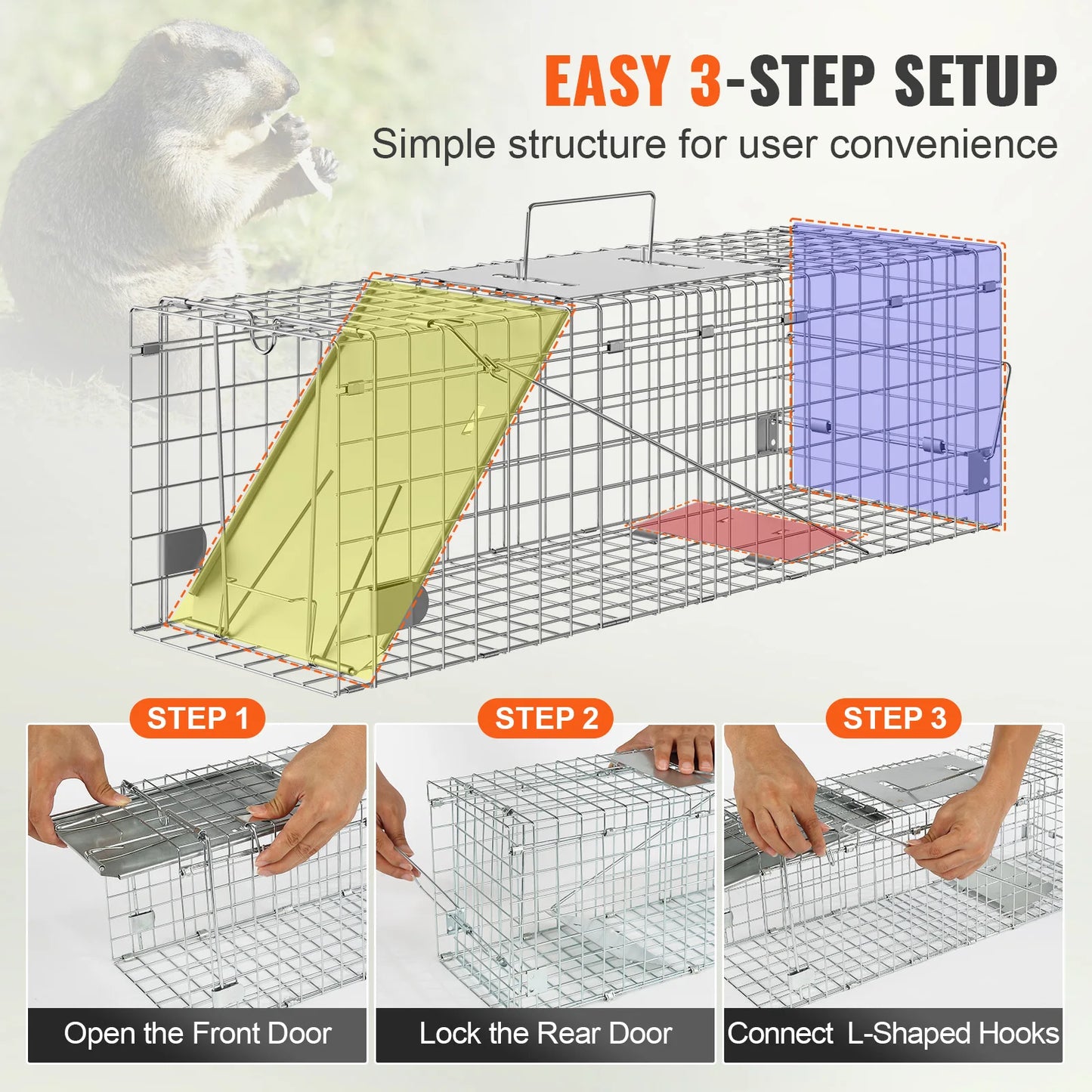 VEVOR Live Animal Cage Trap Humane Cat Rodent Control Folding with Handle for Stray Cats Rabbits Squirrels Raccoons Groundhogs