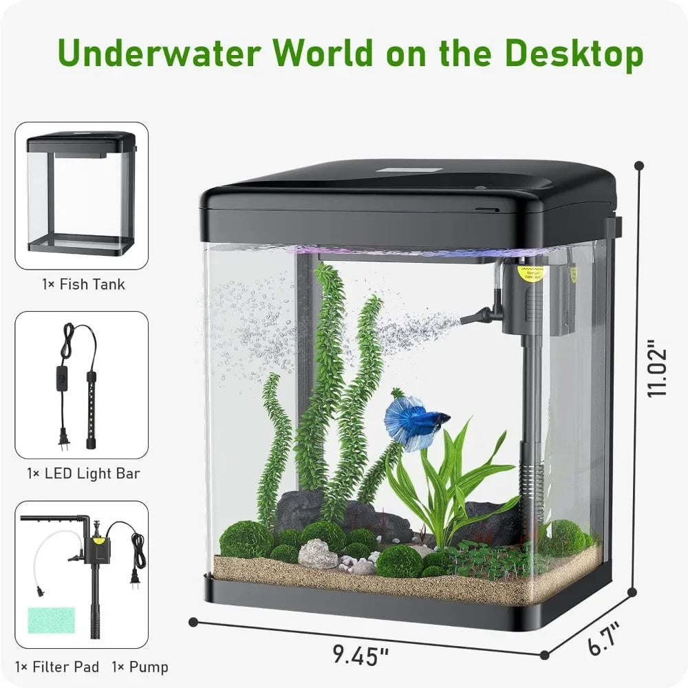 Fishbowl 3 in 1 Fish Tank with Filter and Light, Aquarium Shrimp, Goldfish 2 Gallon Glass,