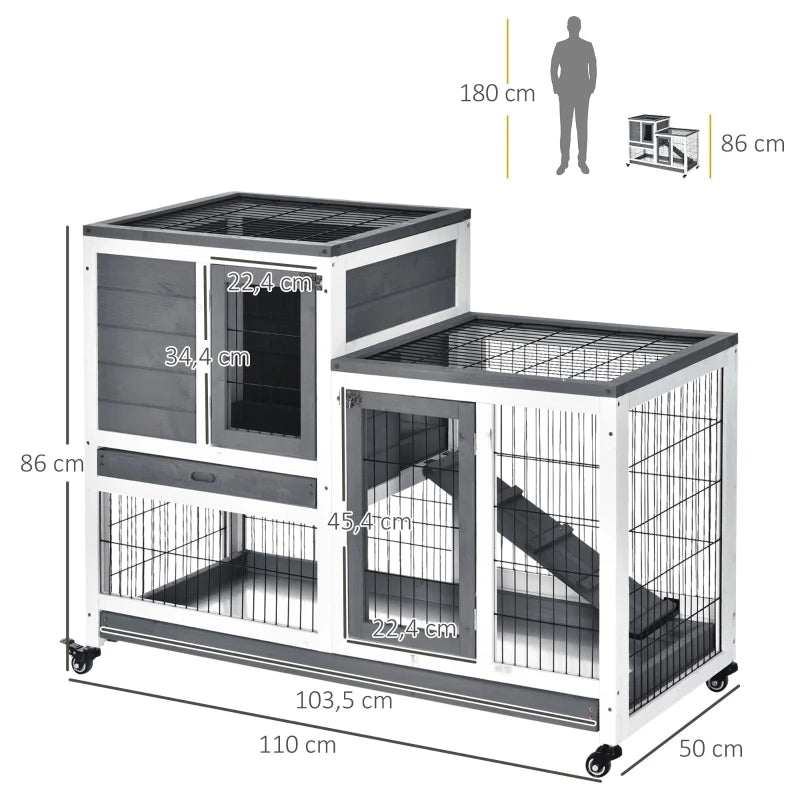 Wooden Indoor Rabbit Hutch Elevated Cage Habitat with Enclosed Run with Wheels Ideal for Rabbits and Guinea Pigs Grey and White