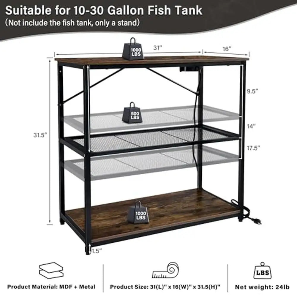 Aquarium Stand Charging Station 1000LB Capacity 31" Metal Reptile Tank Double Shelf Adjust Fish
