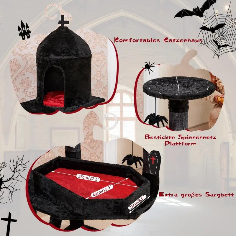 Gothic Cat Tree with Coffin Bed, 55" Multi-Level Cat Tower with Spacious Condo, Scratching Posts, Spider Hanging Ball, Halloween