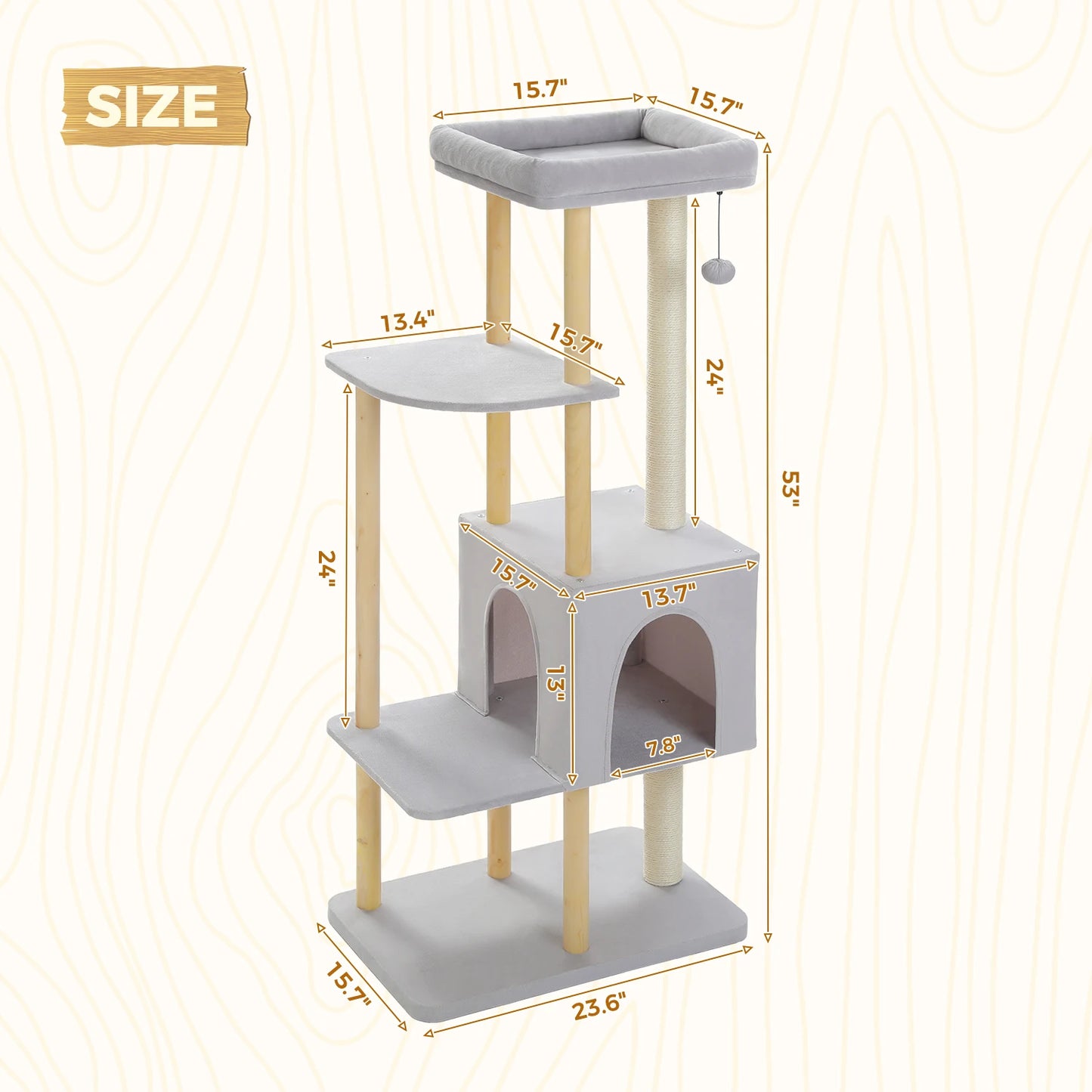 Large Cat Tree, 53 Inches Modern Wooden Cat Tower for Indoor Large Cats, Multi-Level Cat Condos with Long Scratching Posts
