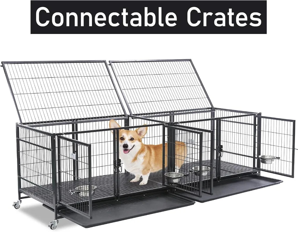 43 Open Top Stackable Heavy Duty Dog Cage w/Floor Grid Tray Divider Feeding Bowl ONE CAGE INCLUDED ONLY