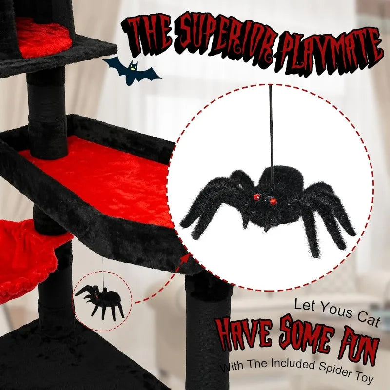 Gothic Cat Tree with Coffin Bed,55" Cat Tower Scratching Posts Spider Hanging Ball,