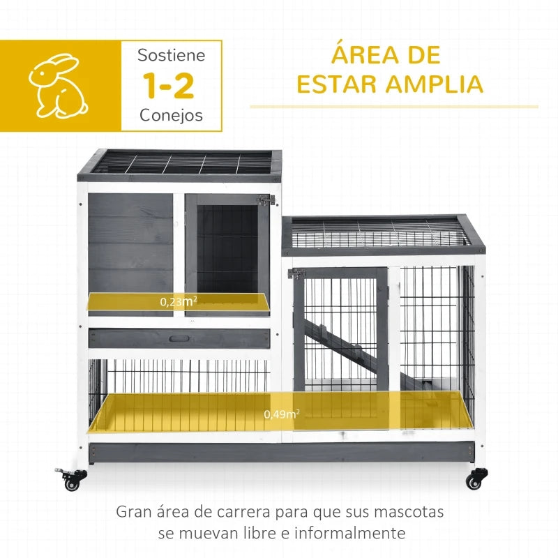 Wooden Indoor Rabbit Hutch Elevated Cage Habitat with Enclosed Run with Wheels Ideal for Rabbits and Guinea Pigs Grey and White