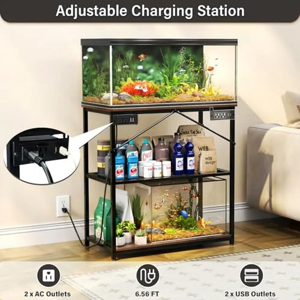 Aquarium Stand Charging Station 1000LB Capacity 31" Metal Reptile Tank Double Shelf Adjust Fish
