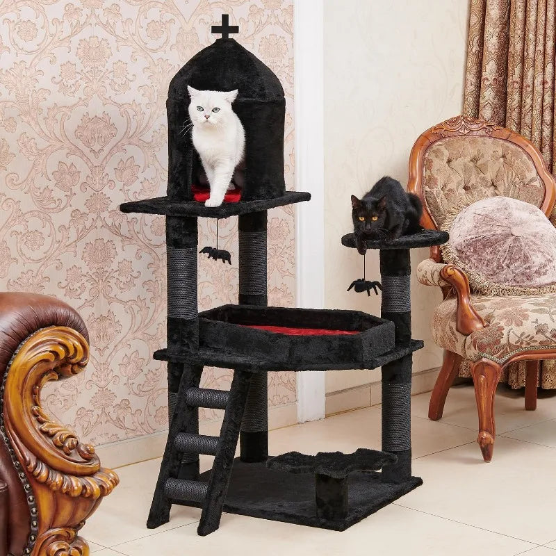 Gothic Cat Tree with Coffin Bed, 55" Multi-Level Cat Tower with Spacious Condo, Scratching Posts, Spider Hanging Ball, Halloween