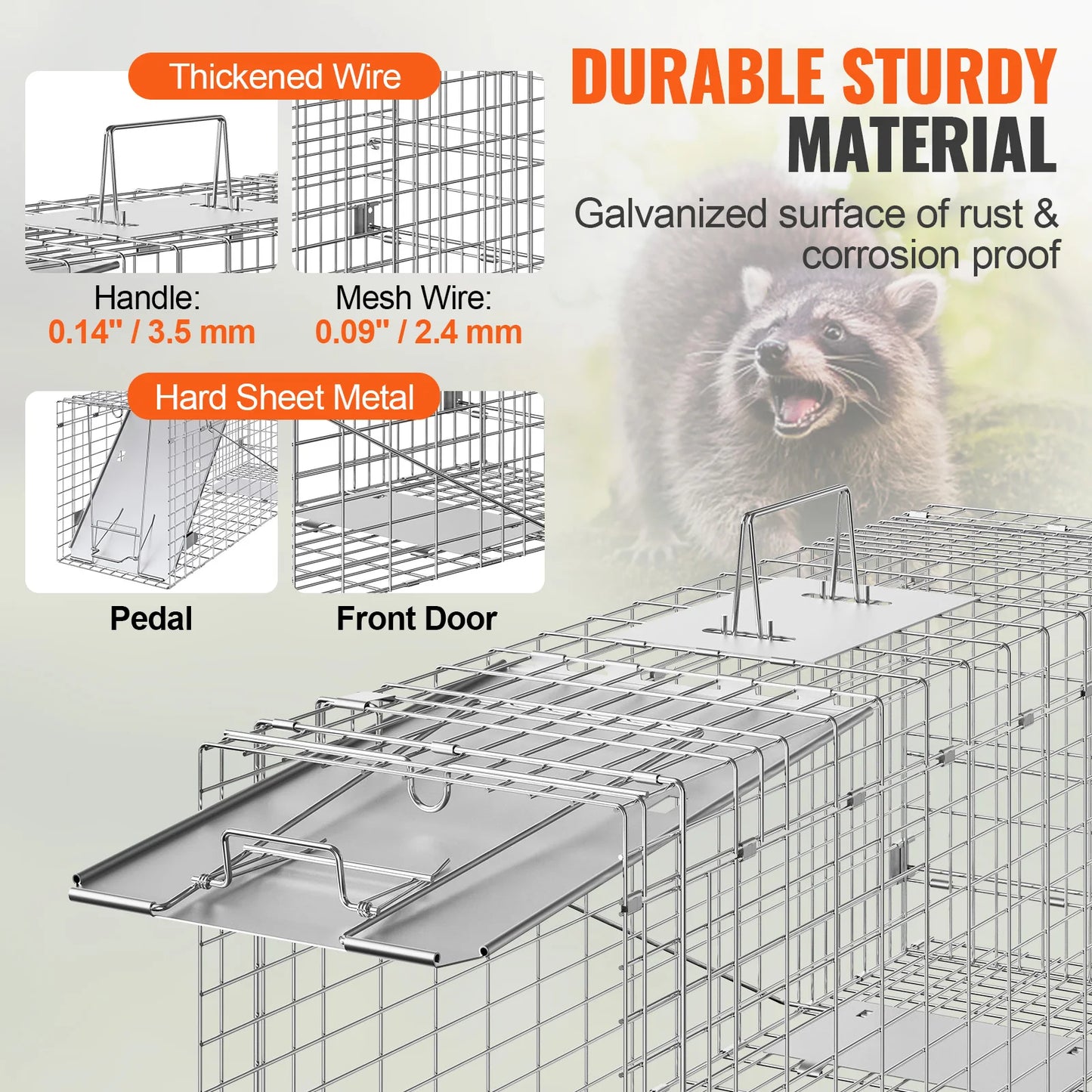 VEVOR 24/31/42/50in Live Animal Cage Trap Folding Humane Cat Trap Galvanized Iron with Handle for Rabbits Squirrels Groundhogs