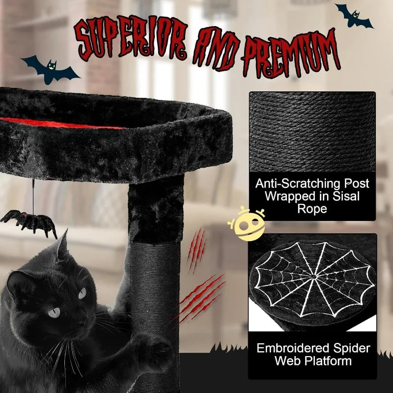 Gothic Cat Tree with Coffin Bed,55" Cat Tower Scratching Posts Spider Hanging Ball,
