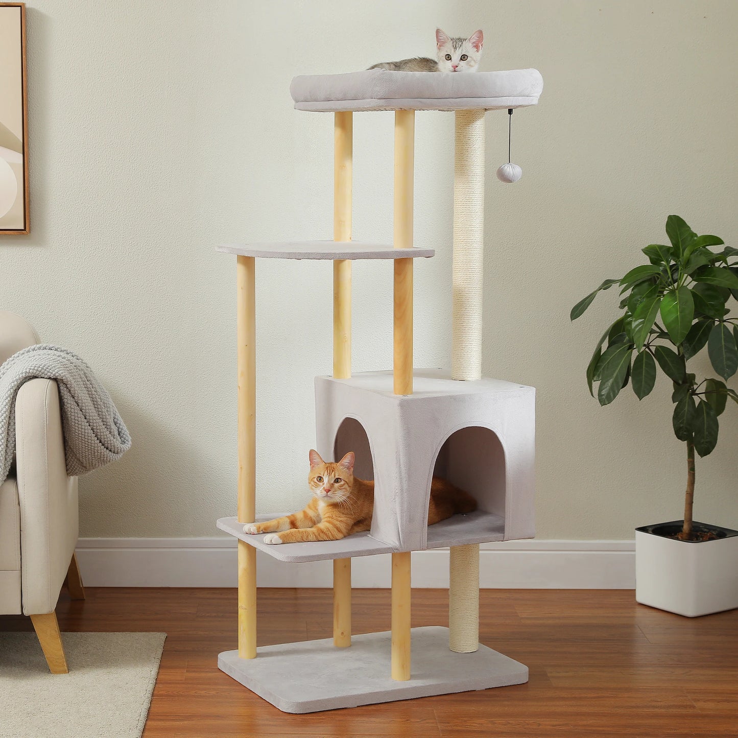 Large Cat Tree, 53 Inches Modern Wooden Cat Tower for Indoor Large Cats, Multi-Level Cat Condos with Long Scratching Posts
