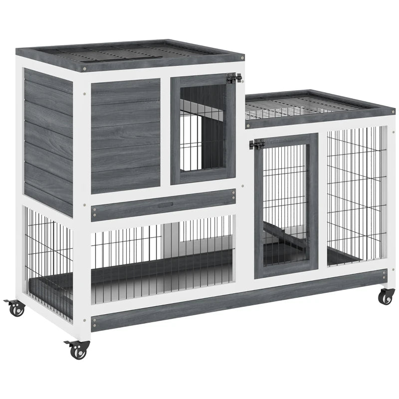 Wooden Indoor Rabbit Hutch Elevated Cage Habitat with Enclosed Run with Wheels Ideal for Rabbits and Guinea Pigs Grey and White