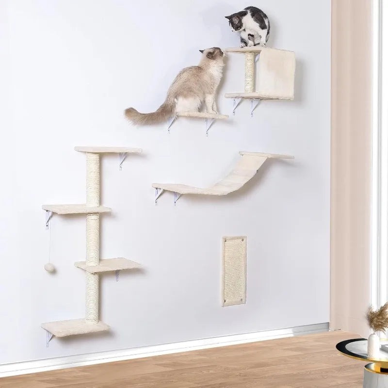 Modern Wall-Mounted Cat Furniture - 5pcs Cat Wall Shelves, Stable Wooden Cat Climber with House, Bridge, Tree, Steps