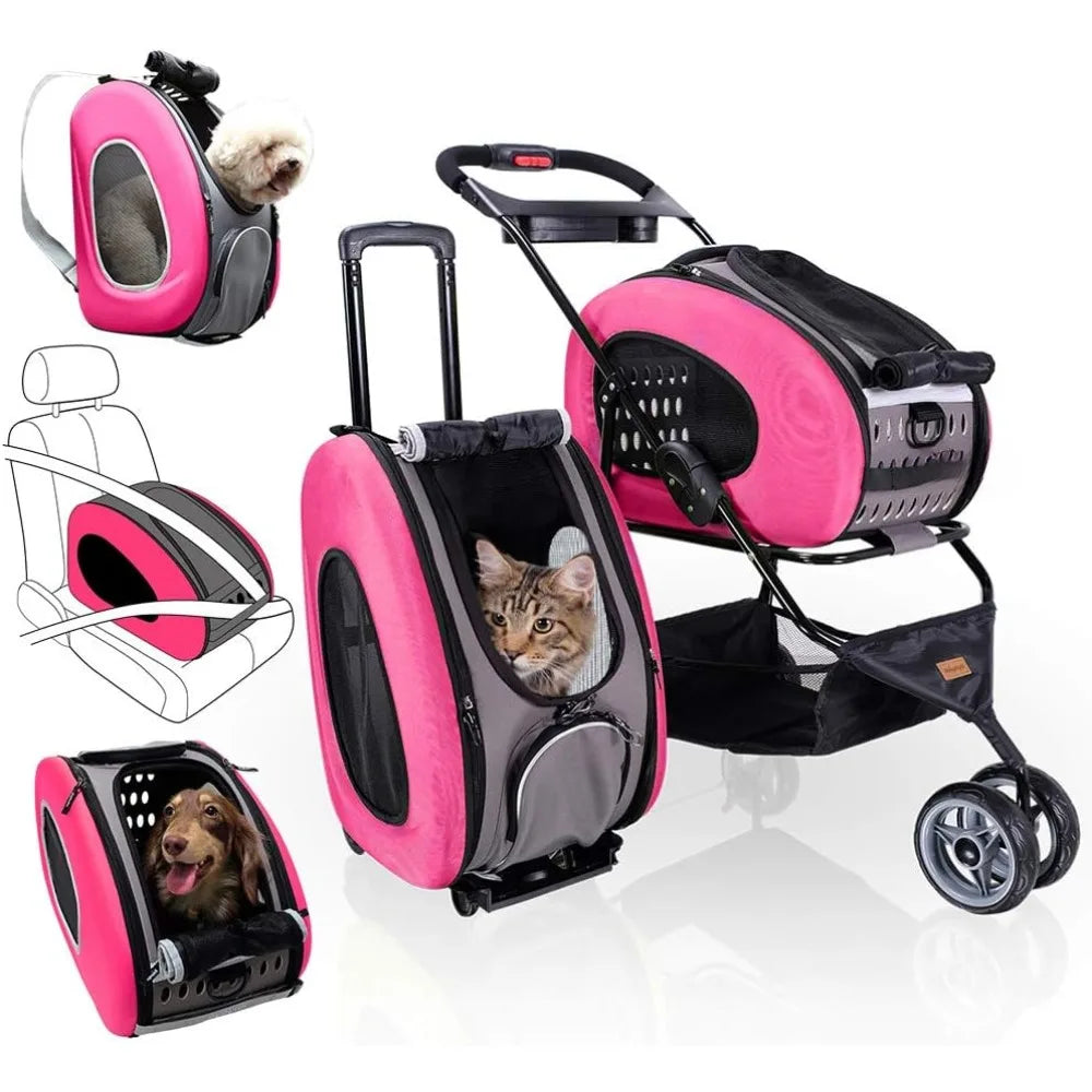 Five in One Convertible and Foldable Small - Multifunctional Combination - 16 Pound Pet - Pink, Cat and Dog Pet Car