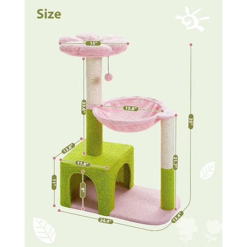 Hammock, 35" Cute Small Cat Tower with Sisal Scratching Posts, Pink Top Perch for Kittens