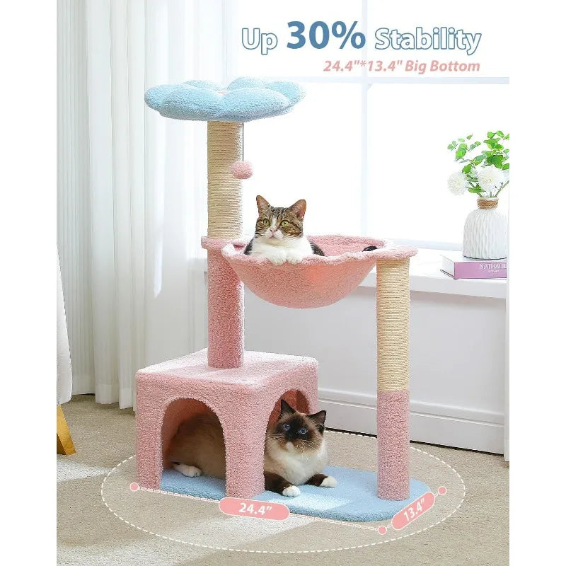 Hammock, 35" Cute Small Cat Tower with Sisal Scratching Posts, Pink Top Perch for Kittens