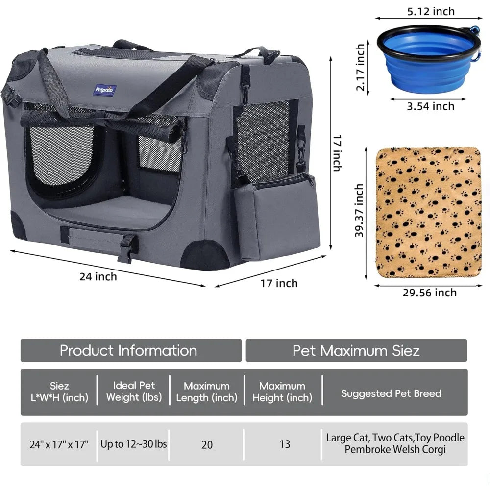 Portable Collapsible Dog Crate, Travel Dog Crate 24x17x17 with Soft Warm Blanket and Foldable Bowl for Large Cats
