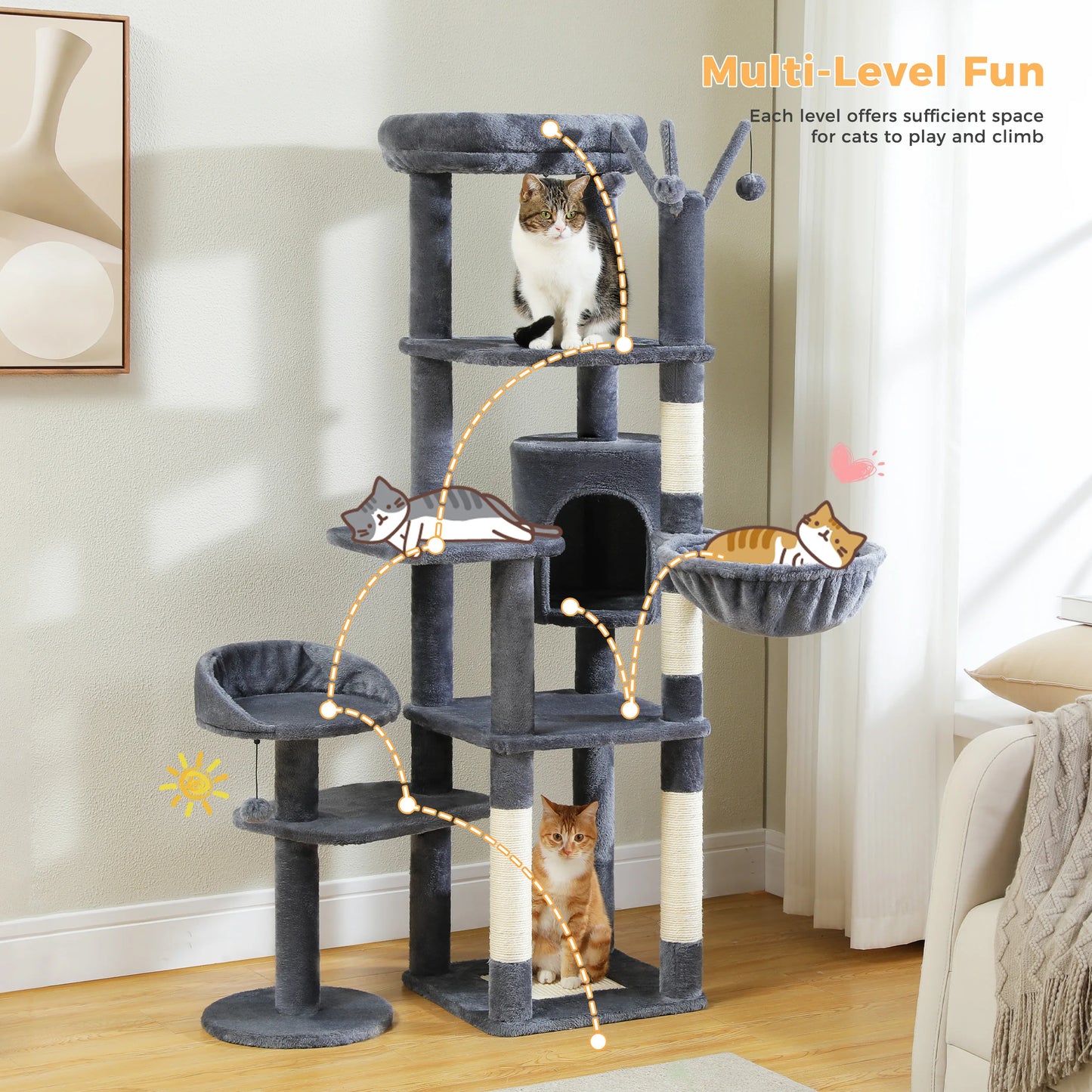Multi-Level Cactus Cat Tree with Condo Hammock Scratching Post for Kitten Bed Cat Scrapers
