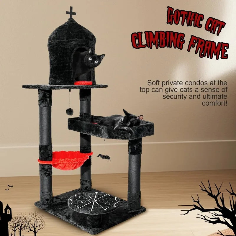 Gothic Cat Tree with Coffin Bed,55" Cat Tower Scratching Posts Spider Hanging Ball,