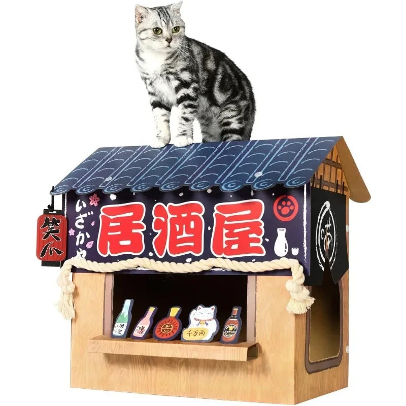 Cat Beds for Indoor Cats, Cardboard Cat House with Scratchers, Izakaya Bar, Large Sturdy