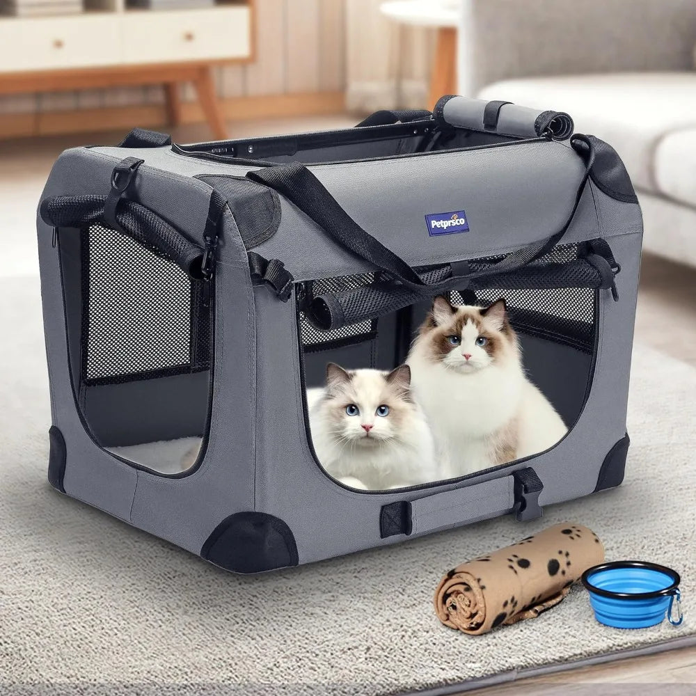 Portable Collapsible Dog Crate, Travel Dog Crate 24x17x17 with Soft Warm Blanket and Foldable Bowl for Large Cats