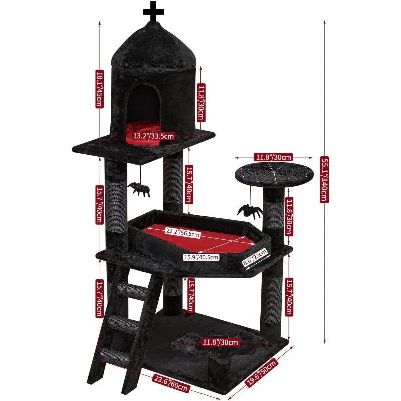 Gothic Cat Tree with Coffin Bed, 55" Multi-Level Cat Tower with Spacious Condo, Scratching Posts, Spider Hanging Ball, Halloween