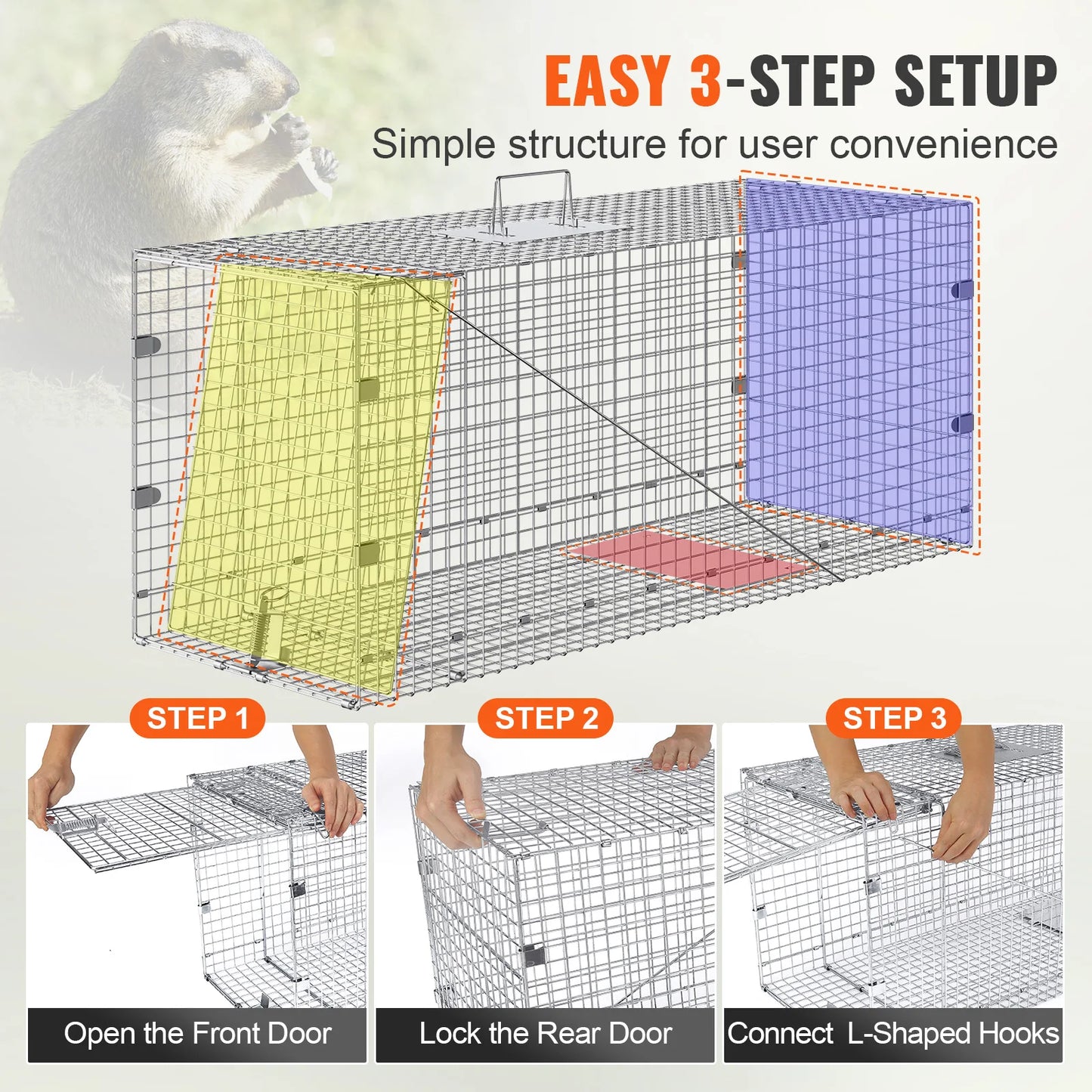 Live Animal Cage Trap Folding Humane Cat Trap Galvanized Iron with Handle for Rabbits Squirrels Groundhogs