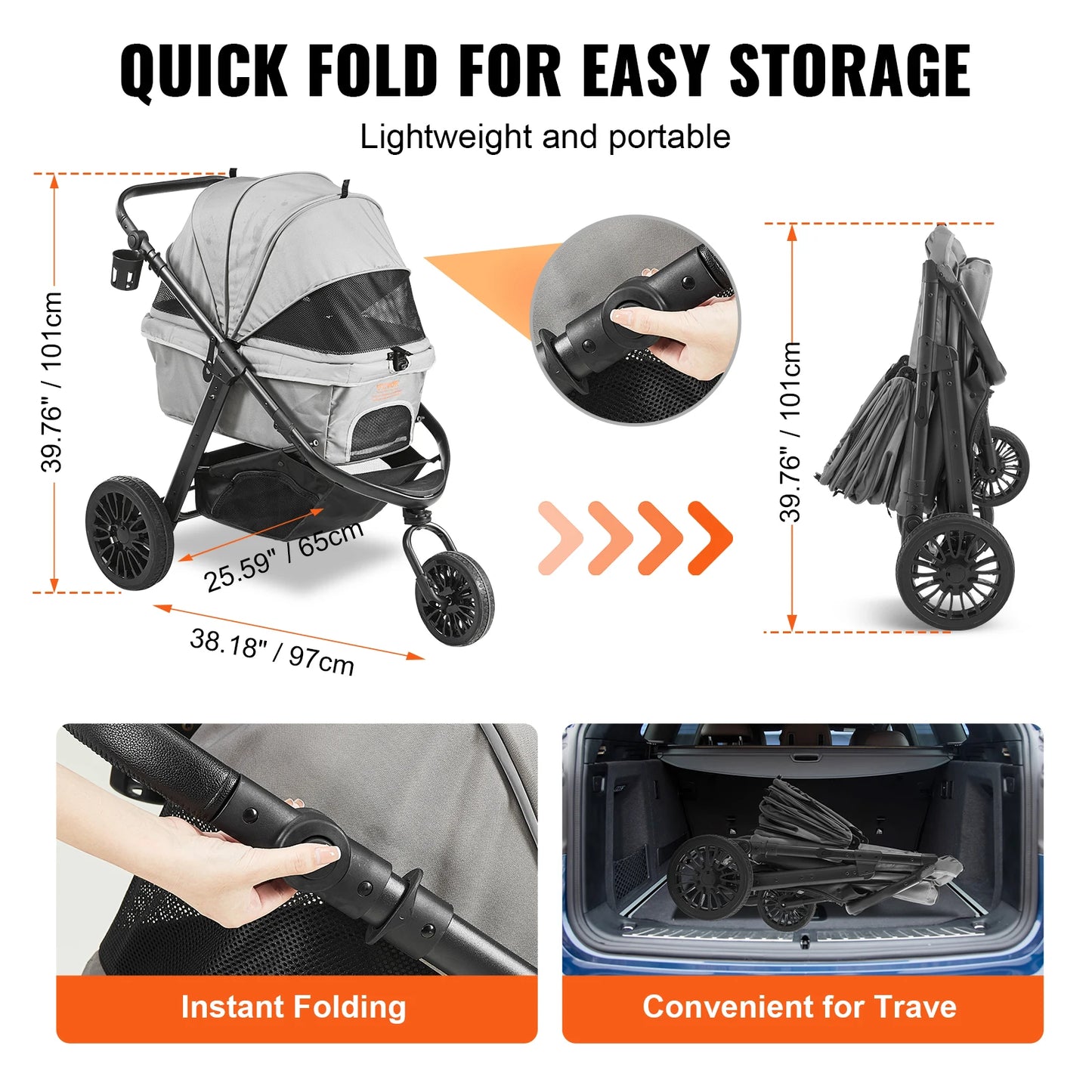 VEVOR Pet Stroller Carrier Dog Cat Strollers Lightweight Travel Rotate with Brakes Pet Pad Cup Holder