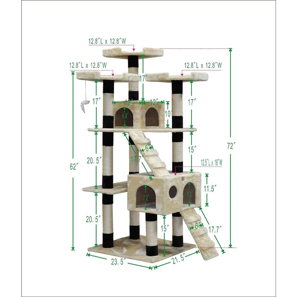 72" Tall Extra Large Cat Tree Kitty Tower Condo Cat House for Large Indoor Cats Play Scratch Hide Climb Activity Furniture