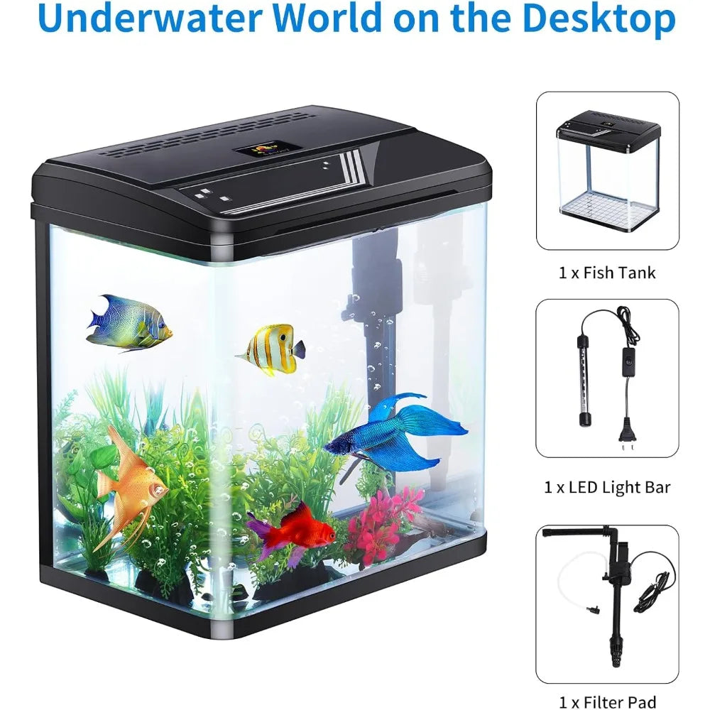 4 Gallon Aquarium Starter Kit Small Glass Betta Fish Tank Desktop Mini Fish Bowl for Shrimp Goldfish with Filter Pump LED Light