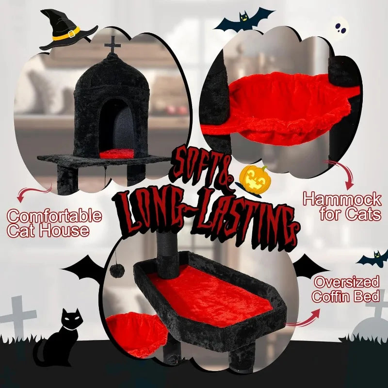 Gothic Cat Tree with Coffin Bed,55" Cat Tower Scratching Posts Spider Hanging Ball,