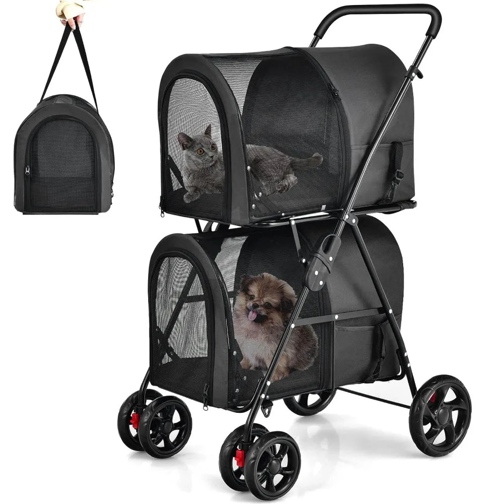 Dual Pet Cart, Equipped with 2 Detachable Tote Bags and Seat Belts, 4 Lockable Wheel Storage Spaces, Cat and Dog Cart (Black)