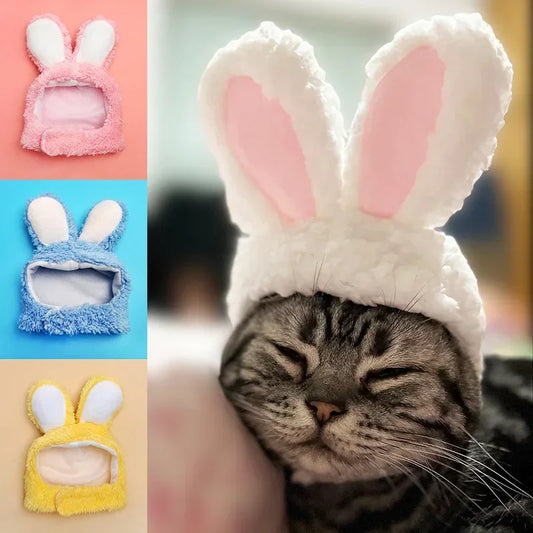 Funny Cat Headgear Cute Rabbit Ears Cap for Cats Warm Plush Pet Hat Christmas Cosplay