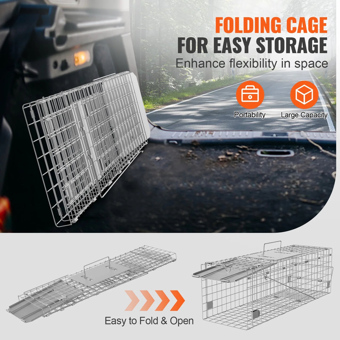 VEVOR Live Animal Cage Trap Humane Cat Rodent Control Folding with Handle for Stray Cats Rabbits Squirrels Raccoons Groundhogs