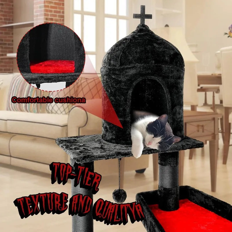 Gothic Cat Tree with Coffin Bed,55" Cat Tower Scratching Posts Spider Hanging Ball,