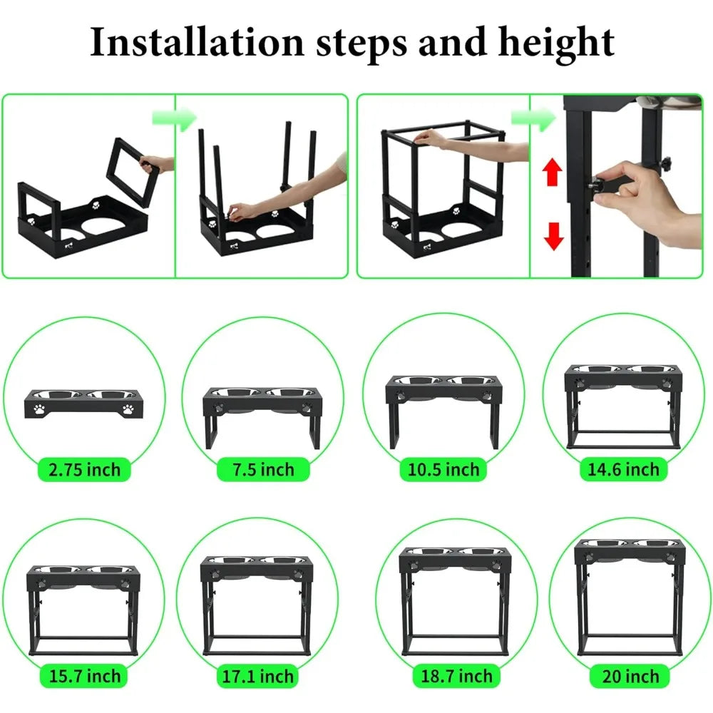 Elevated Dog Bowl Stand, 8.8 Lb Weight Capacity, Adjustable 8 Heights, Stainless Steel, Reduces Joint Stress,