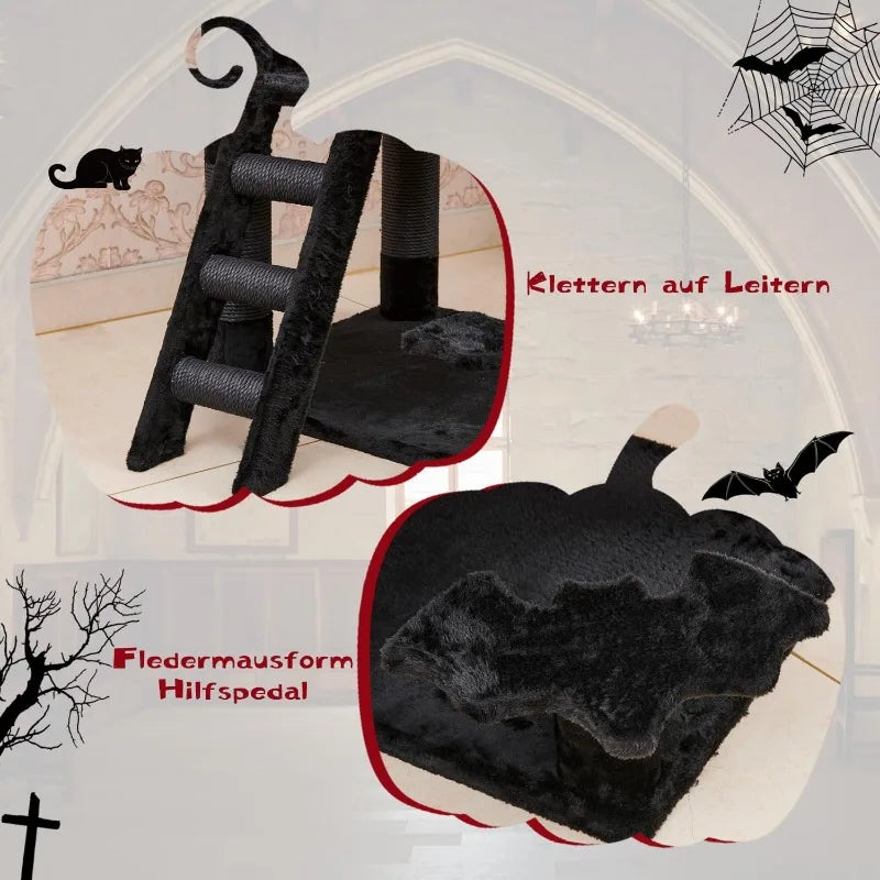 Gothic Cat Tree with Coffin Bed, 55" Multi-Level Cat Tower with Spacious Condo, Scratching Posts, Spider Hanging Ball, Halloween