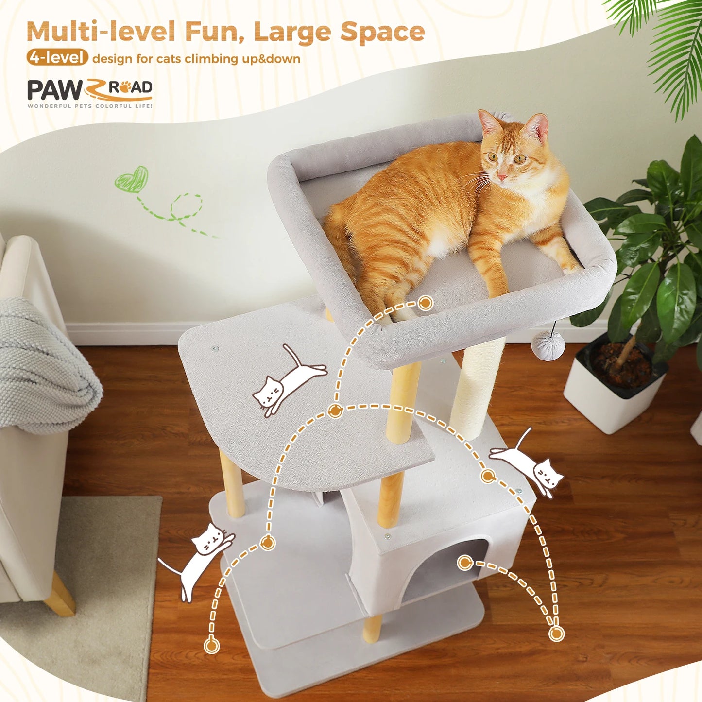 Large Cat Tree, 53 Inches Modern Wooden Cat Tower for Indoor Large Cats, Multi-Level Cat Condos with Long Scratching Posts