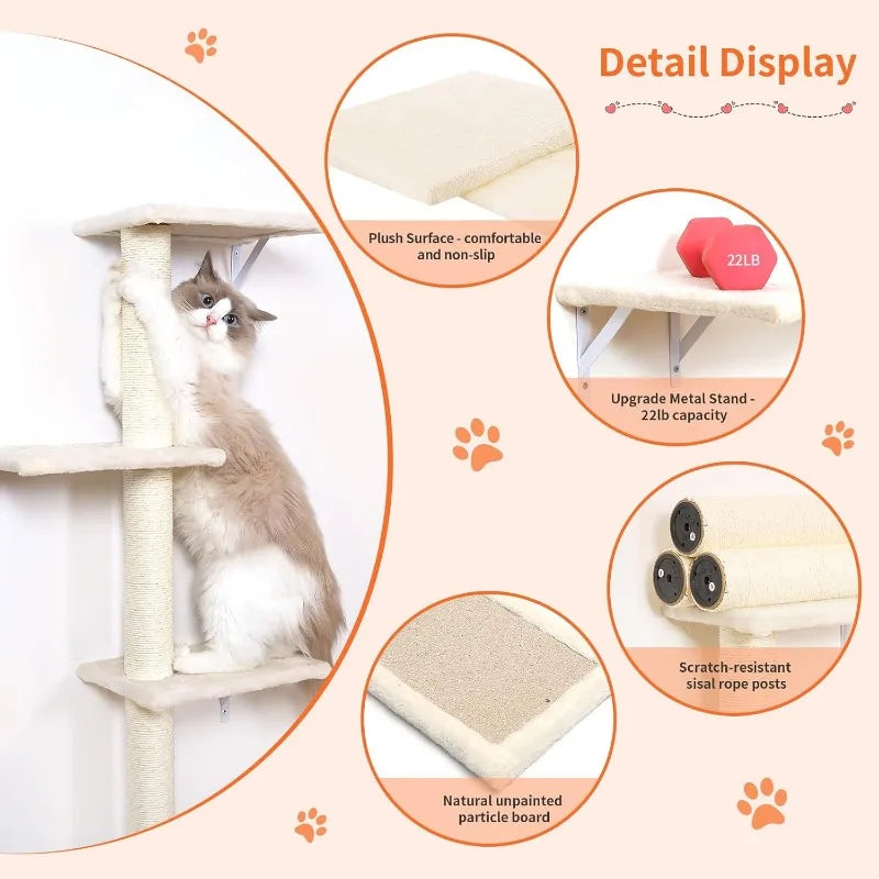 Modern Wall-Mounted Cat Furniture - 5pcs Cat Wall Shelves, Stable Wooden Cat Climber with House, Bridge, Tree, Steps