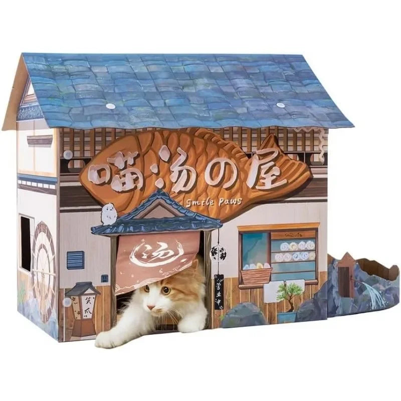 Cat Beds for Indoor Cats, Cardboard Cat House with Scratchers, Izakaya Bar, Large Sturdy