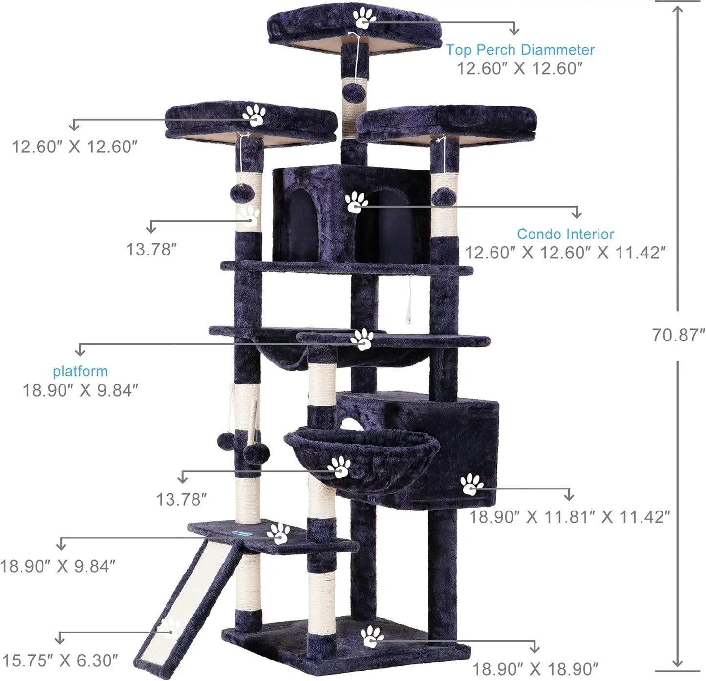 Hey-brother Cat Tree, 71 inches XL Large Cat Tower for Indoor Cats, Multi-Level Cat House with 3 Padded Perches, Big Scratcher,
